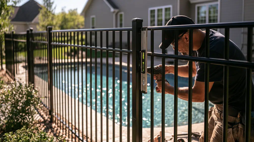 Professional installing a secure pool safety fence around a residential swimming pool