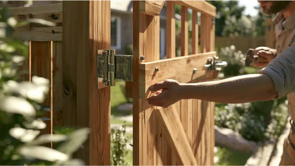Contractor professionally adjusting heavy-duty hinges on a sagging wooden fence gate