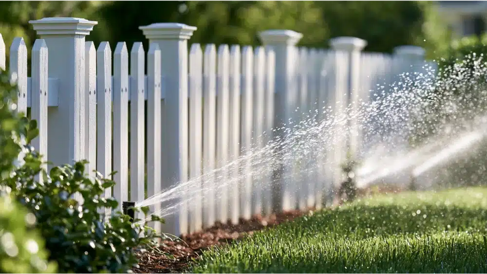White wood picket fence protected from direct sprinkler spray and excess moisture