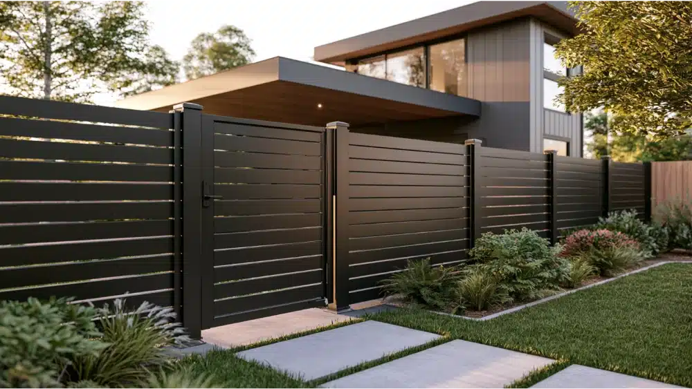 Durabond steel fence showing a reinforced gate, sturdy gate posts, aligned hinges, and clean corner connection.