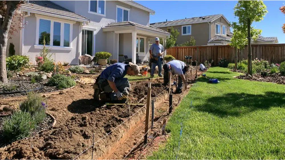 Fence installation site in Rocklin prepared with marked post locations and underground utility awareness
