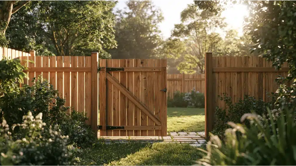 Securely aligned wooden fence gate with properly working latch protecting a residential backyard