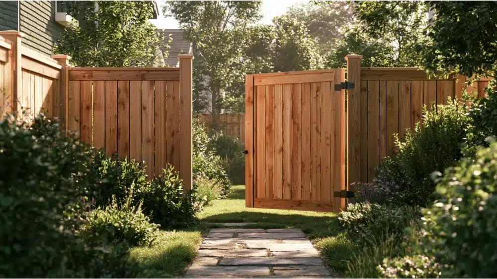 Sagging residential gate with misaligned latch and uneven clearance caused by inadequate reinforcement.