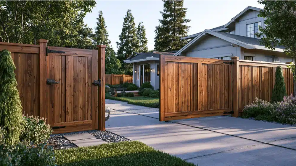 Residential fence with secure walk gate and driveway gate designed for convenient and controlled access
