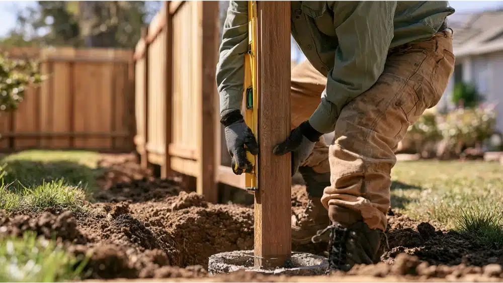 Professional installer checking a new fence post with a level to ensure it is perfectly straight and vertical.