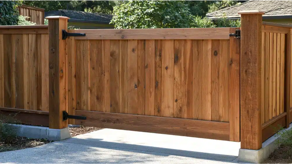 Sturdy gate posts set in concrete supporting a reinforced residential wood gate.