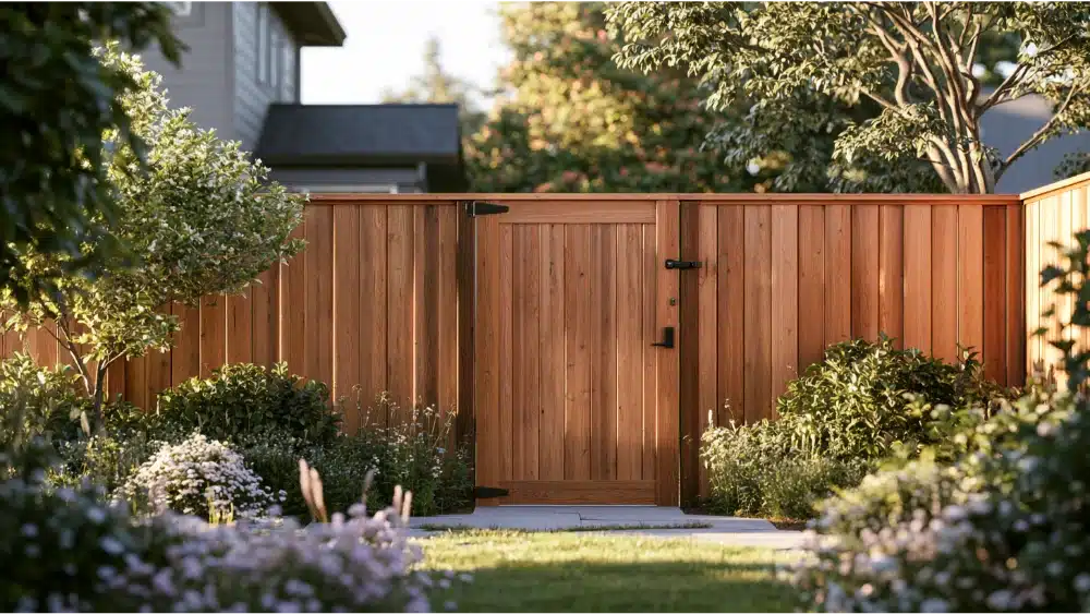 Residential fence gate with a secure metal latch system installed on a custom wooden gate.