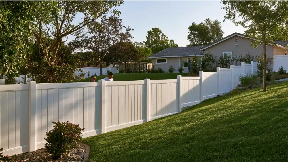 Professional installer building a stepped vinyl fence along a sloped residential yard