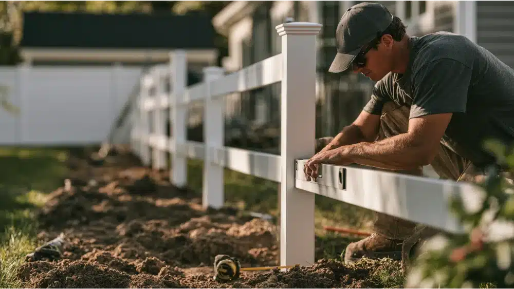 Installer using a level to ensure vinyl fence posts are straight and properly aligned