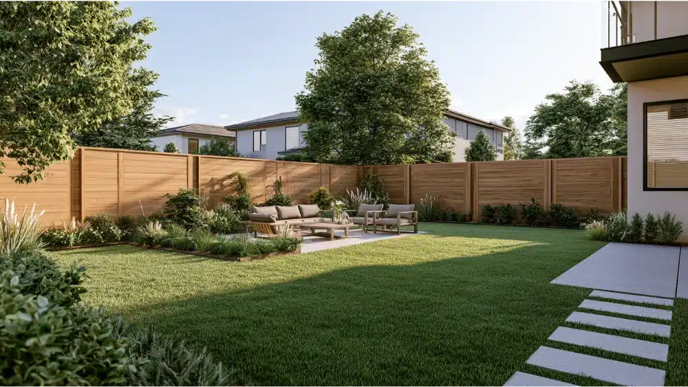 Landscaped suburban backyard with a privacy fence showing how fencing material affects privacy, maintenance, security, and curb appeal.