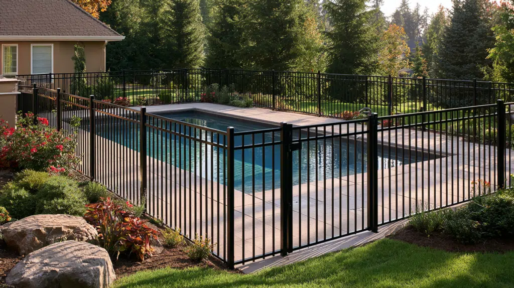 Secure pool safety barrier protecting a residential swimming pool