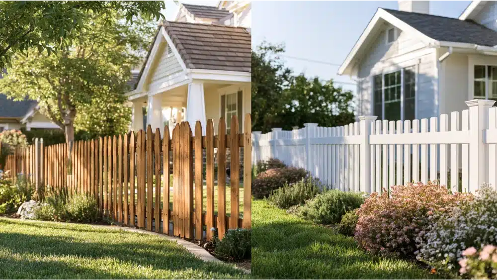 Comparison of traditional white wood and low-maintenance white vinyl picket fences
